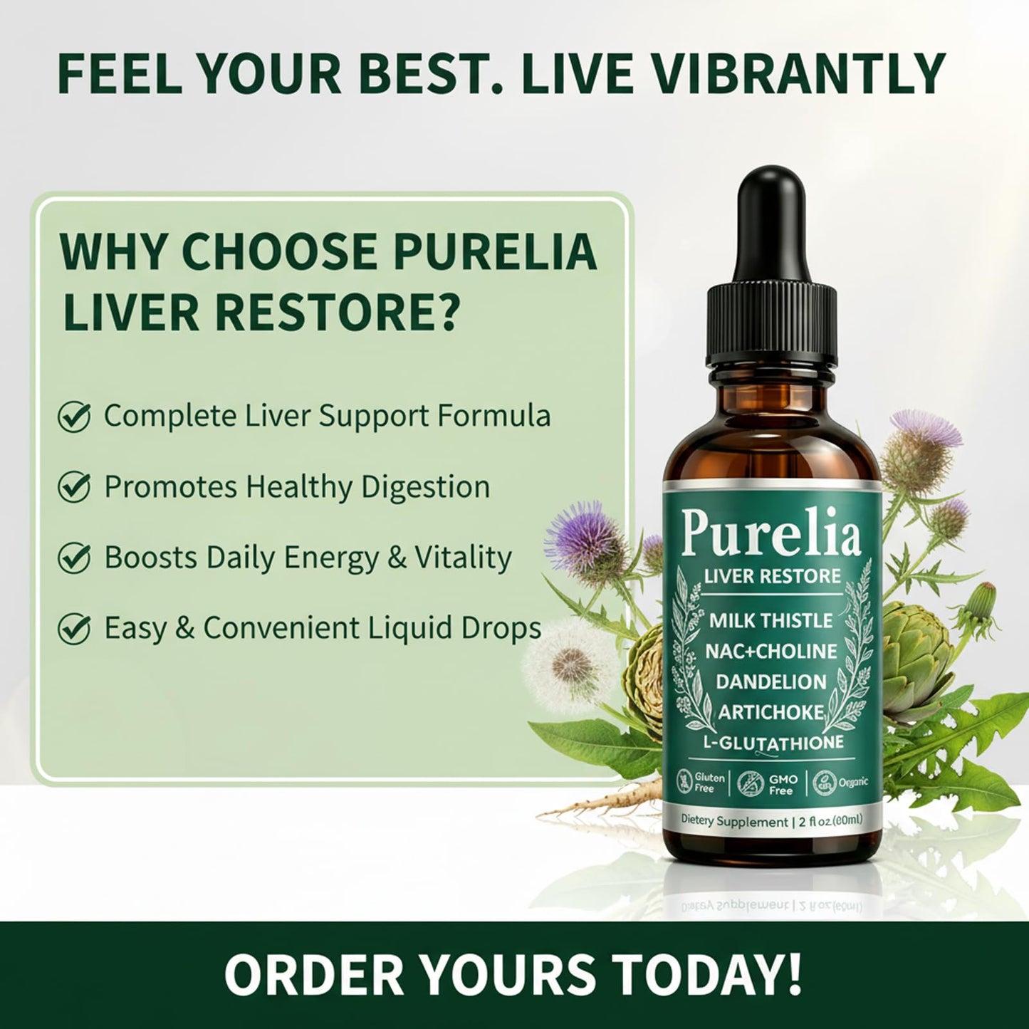 Purelia Liver Restore, 2.02FL OZ Liver Restore Drops, Complete Liver Support Supplement with Milk Thistle, Dandelion Root, L-Glutathione & Choline for Natural Balance & Liver Cleanse
