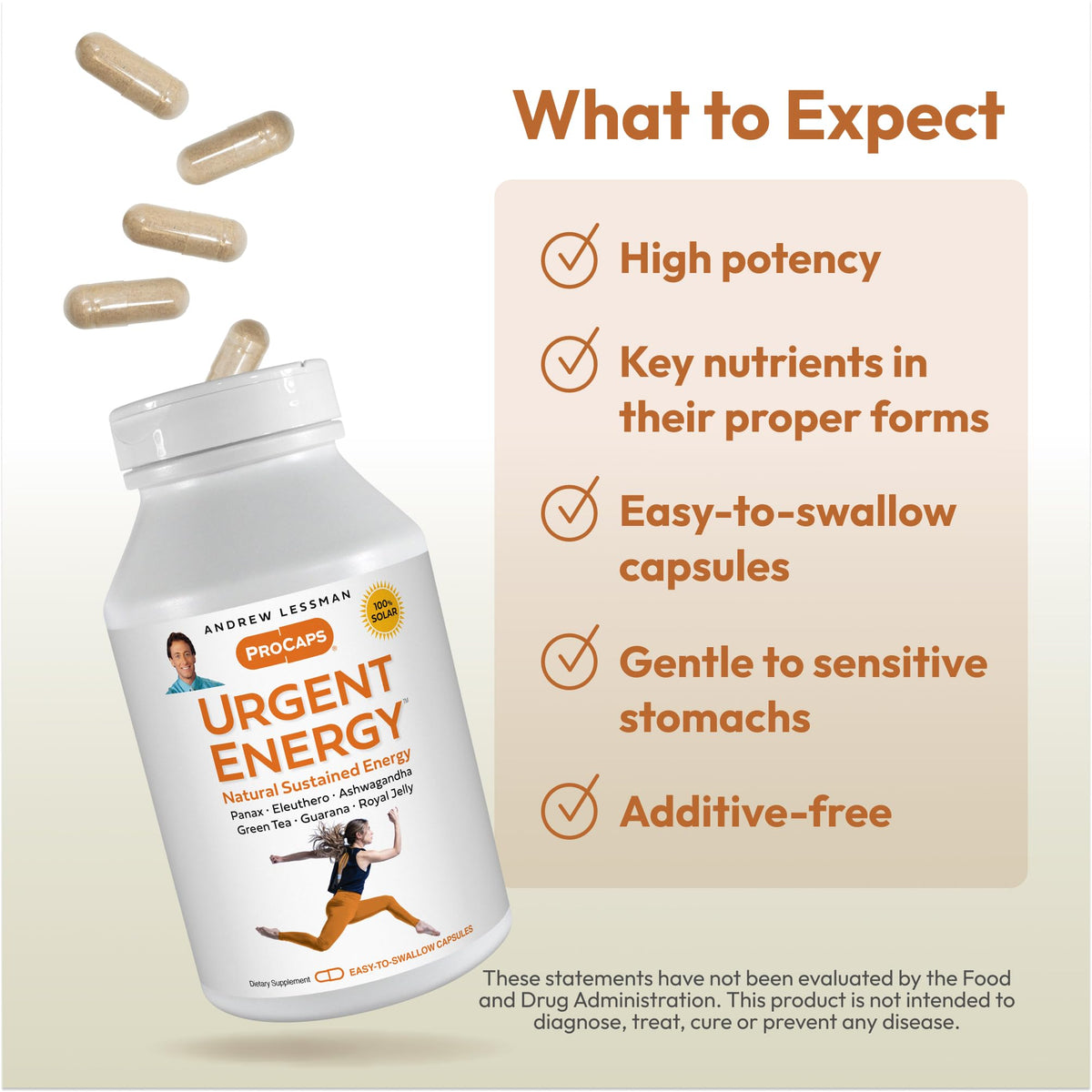 ANDREW LESSMAN Urgent Energy 60 Capsules - Provides a Safe, Healthy Means of Enhancing Energy Levels and Feelings of Well-Being, Green Tea, Guarana, Ginseng, Royal Jelly, Ashwagandha, B-Complex