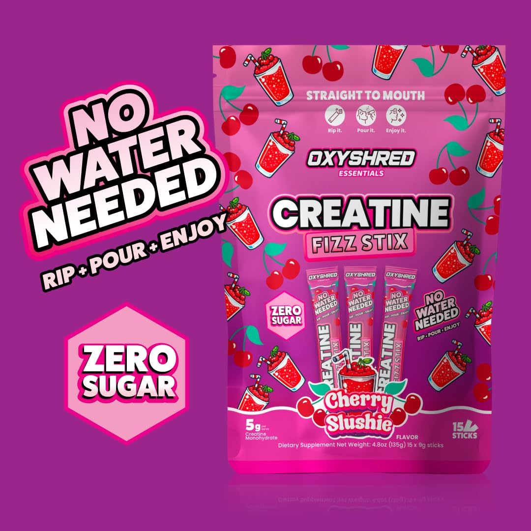 EHP Labs OxyShred Creatine Monohydrate Fizz Sticks, Cherry Slushie, 15 Pack | 5g Micronized Creatine Per Stick. No Water Needed, Zero Sugar, Vegan & Gluten Free. Single Serve On The Go.