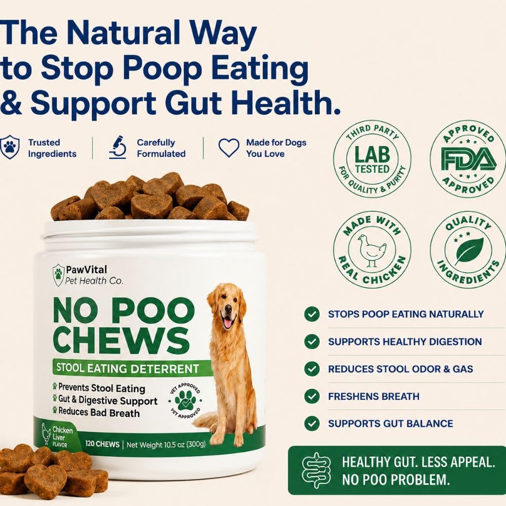 No Poo Chews for Dogs, Coprophagia Stool Eating Deterrent, Stop Eating Poop Supplement with Probiotics, Digestive Enzymes & Breath Aid Support, Gut Health & Digestive Support, Chicken Flavor, 120 Ct