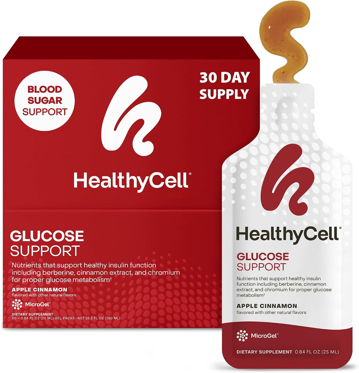 Healthycell Glucose Support Supplement to Support Balanced Blood Sugar | Berberine, Cinnamon & Chromium for Healthy Insulin Function & Proper Glucose Metabolism - 30 Gel Packs, Apple Cinnamon Flavor