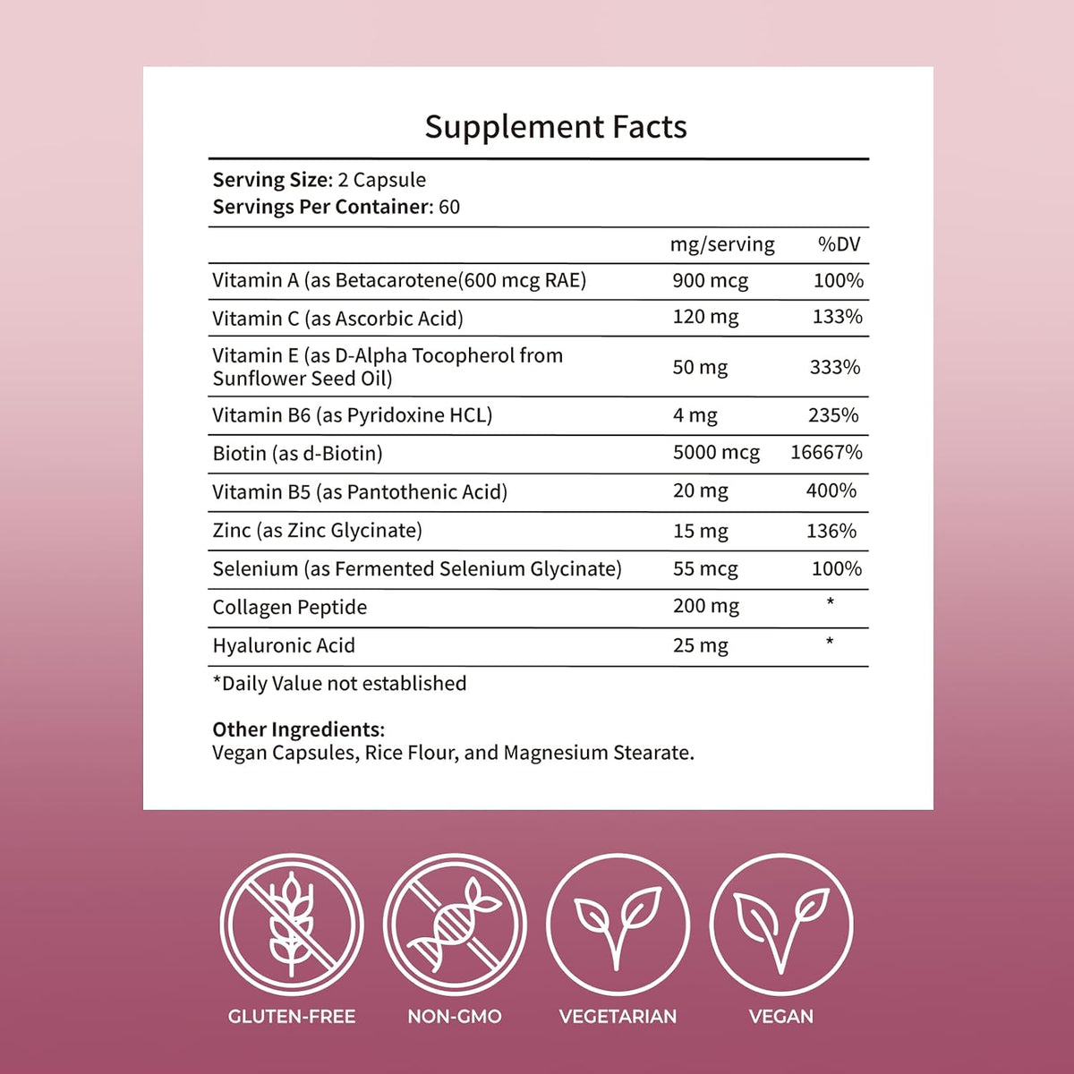 Hair Skin & Nails Vitamins Supplement for Women,with Biotin,Collagen Peptides,Hyaluronic Acid,Vitamin A, C, E, B5,B6,Support Skin Moisture and Suppleness,Hair and Nails Health,120 Capsules