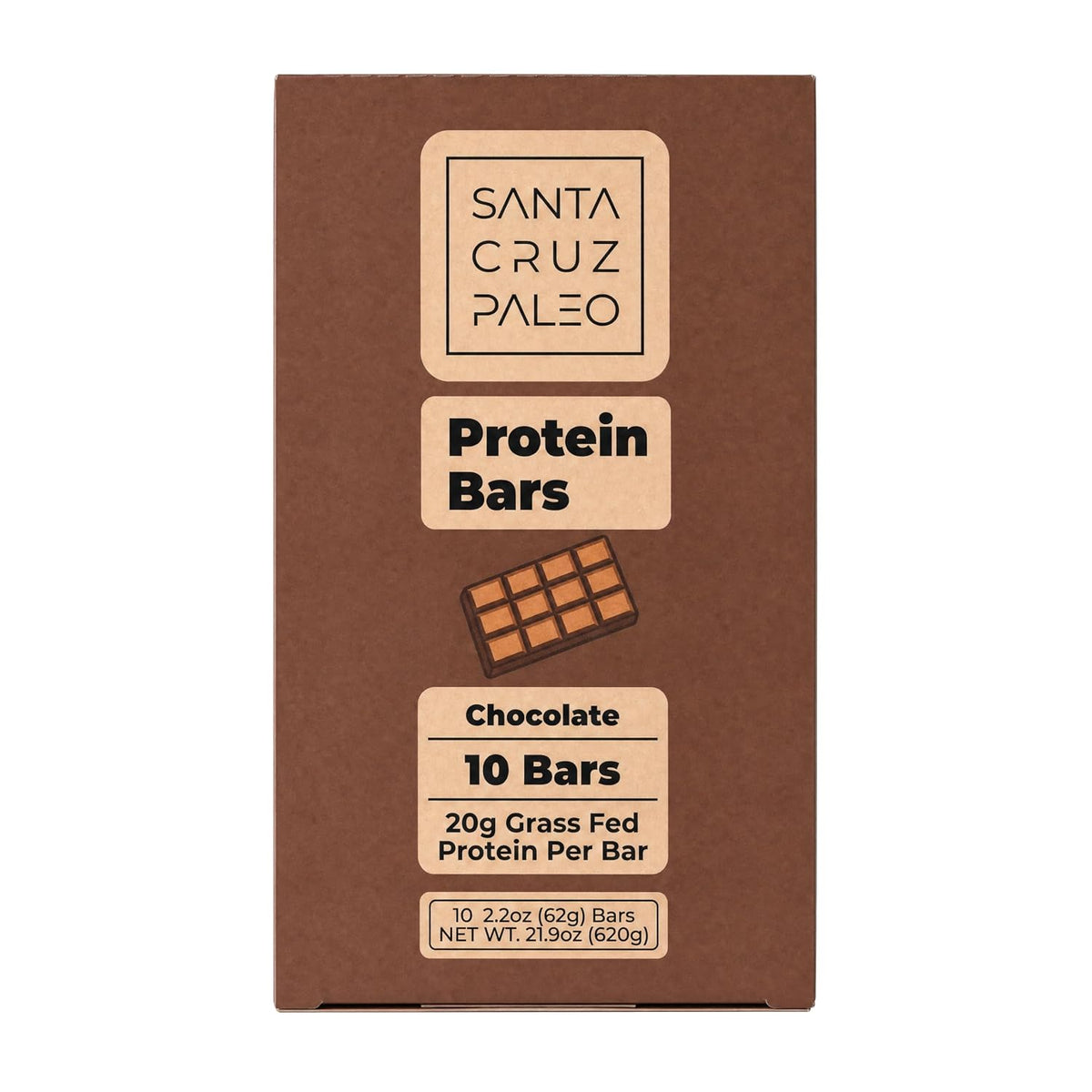 Santa Cruz Paleo Protein Bar – 20g Grass-Fed Whey & Collagen Protein – Wildflower Honey Sweetened, No Seed Oils, High Protein Snack Bar (Chocolate Flavor, Pack of 10)