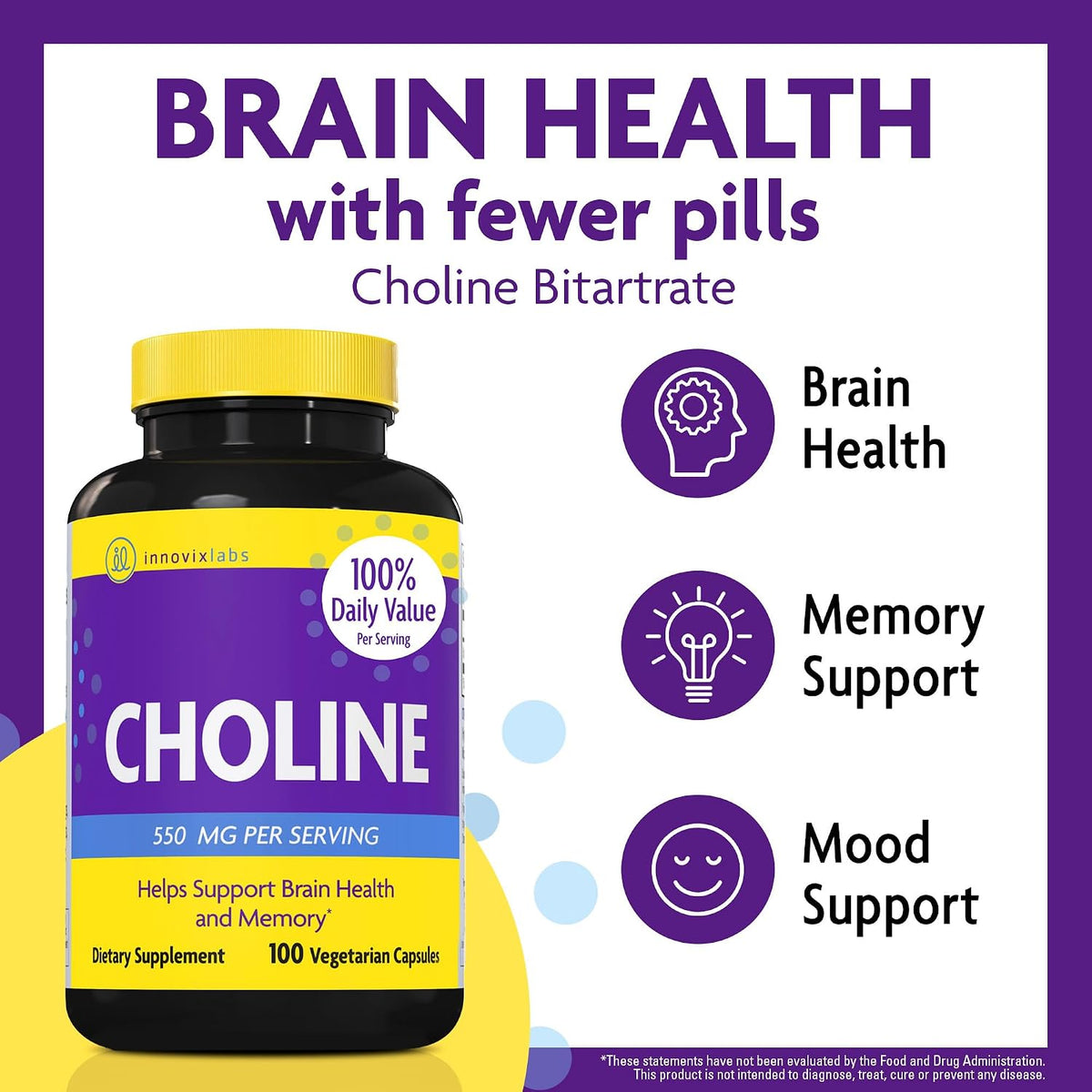 InnovixLabs Choline & Vitamin K2 Bundle Choline Bitartrate 550mg (100 Capsules) Full Spectrum Vitamin K2 (90 Softgels). Supports Memory, Mood, Brain Health & Boost Cognitive.*