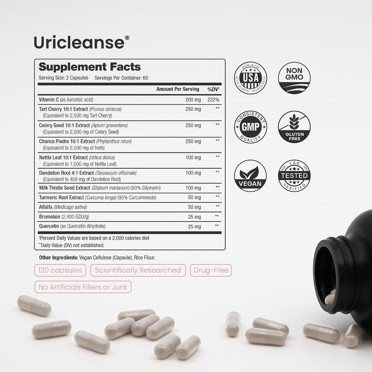 Uric Acid Cleanse & Gout Support – Tart Cherry, Celery Seed, Chanca Piedra, Milk Thistle & Turmeric for Kidney Detox, Joint Comfort & Uric Acid Balance – 11-in-1 Natural Formula - 120 Count