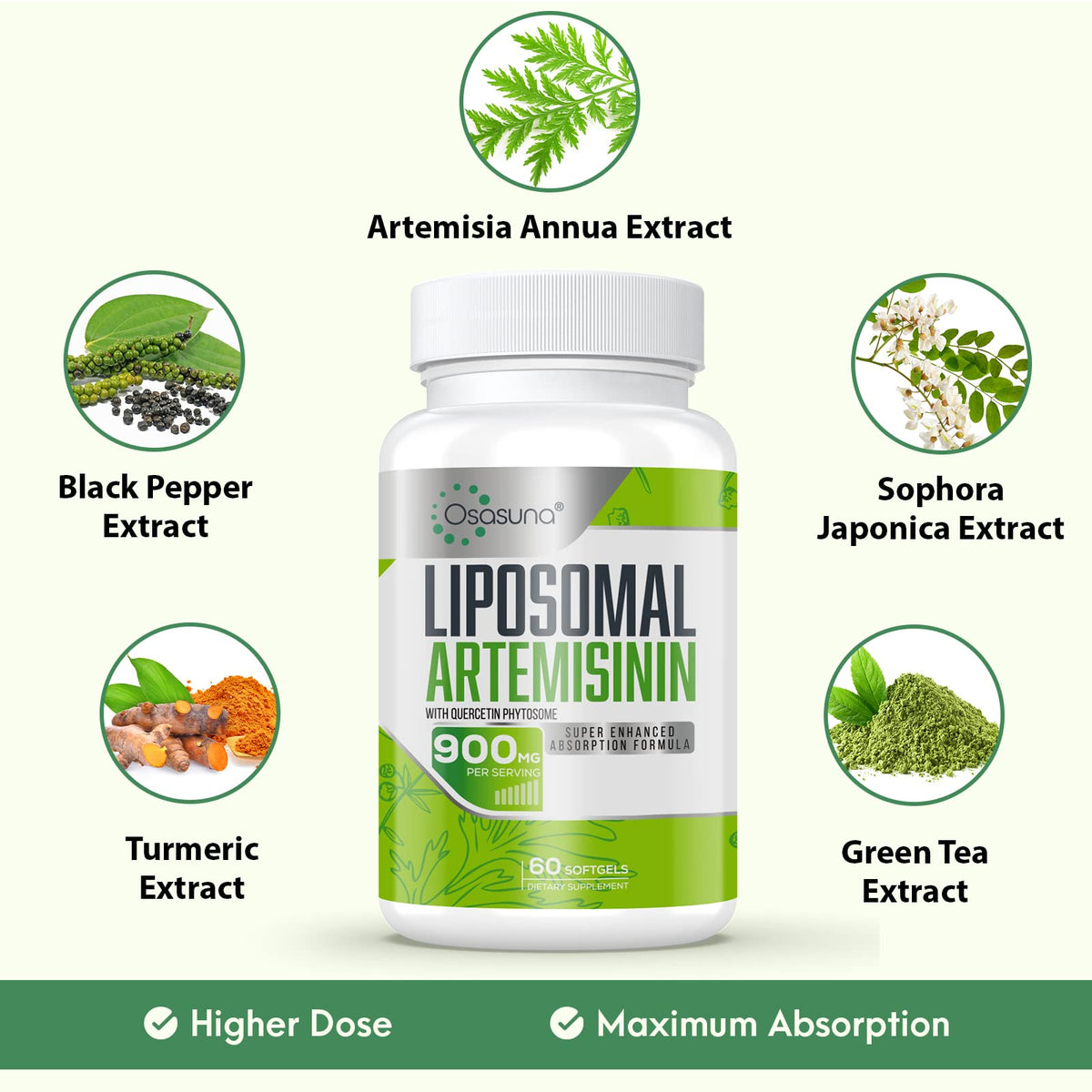 900 mg Liposomal Artemisinin for Maximum Absorption, Sweet Wormwood Extract(Artemisia Annua) with Quercetin Phytosome 200 mg, 120 Softgels