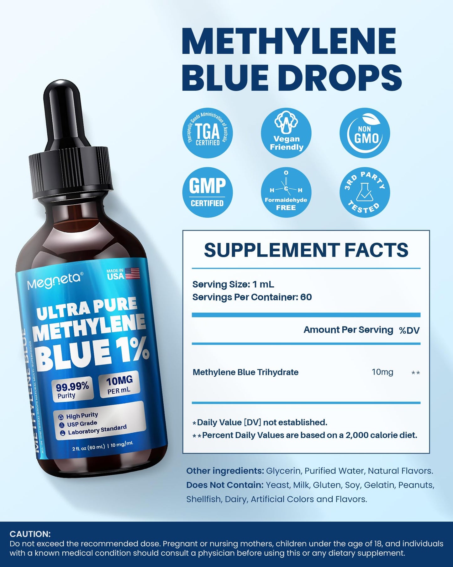 Ultra Pure Methylene Blue Pharmaceutical Grade 1% USP Drops, Brain Health Dietary Supplement for Humans,3rd Party Tested,No Formaldehyde, Made in USA, 2 Fl Oz (60 mL)
