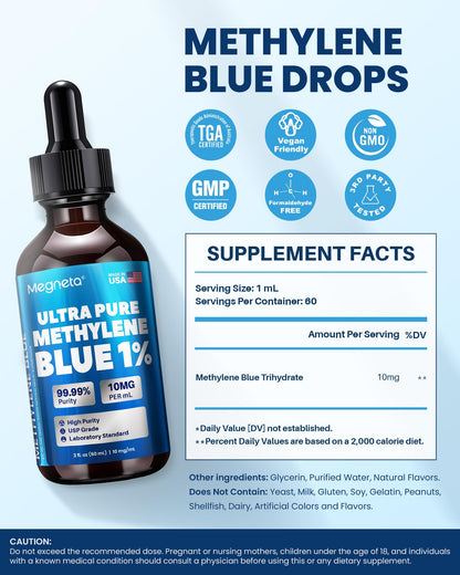 Ultra Pure Methylene Blue Pharmaceutical Grade 1% USP Drops, Brain Health Dietary Supplement for Humans,3rd Party Tested,No Formaldehyde, Made in USA, 2 Fl Oz (60 mL)