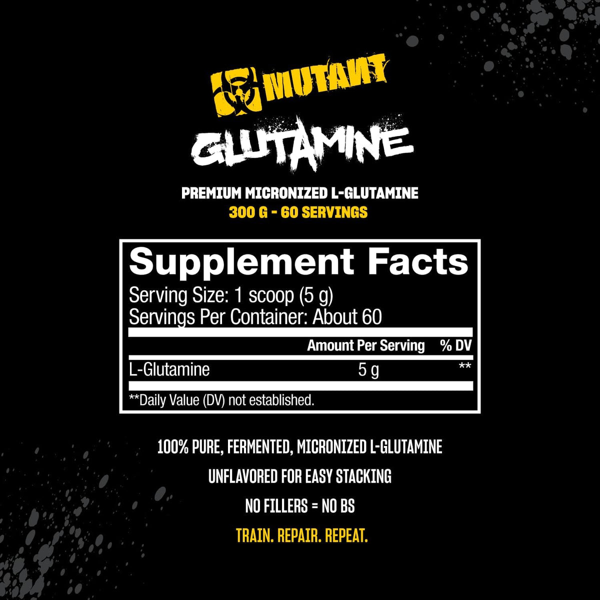 Mutant Glutamine - 100% Pure Workout Supplement to Help Replenish Glutamine Levels for Improved Muscle Repair, Immune and Digestive System Support After Physical Activity – 300 g – Unflavored