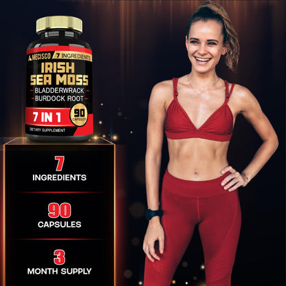 7in1 Irish Sea Moss Capsules 6750 Mg with Organic Bladderwrack & Burdock Root, Turmeric, Apple Cider Vinegar - Raw Seamos Pills for Hair, Skin, Thyroid Healths - 90 Caps for 3-Month Supply - dailyvitalstore