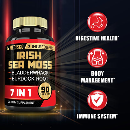 7in1 Irish Sea Moss Capsules 6750 Mg with Organic Bladderwrack & Burdock Root, Turmeric, Apple Cider Vinegar - Raw Seamos Pills for Hair, Skin, Thyroid Healths - 90 Caps for 3-Month Supply - dailyvitalstore