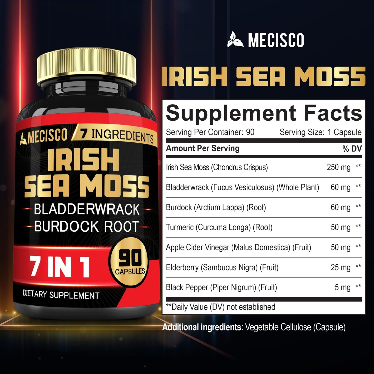 7in1 Irish Sea Moss Capsules 6750 Mg with Organic Bladderwrack & Burdock Root, Turmeric, Apple Cider Vinegar - Raw Seamos Pills for Hair, Skin, Thyroid Healths - 90 Caps for 3-Month Supply - dailyvitalstore