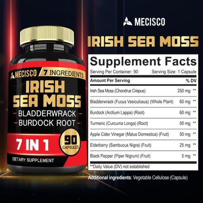 7in1 Irish Sea Moss Capsules 6750 Mg with Organic Bladderwrack & Burdock Root, Turmeric, Apple Cider Vinegar - Raw Seamos Pills for Hair, Skin, Thyroid Healths - 90 Caps for 3-Month Supply - dailyvitalstore