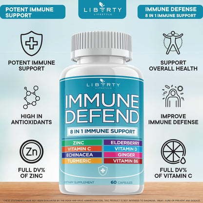 8 in 1 Immune Defense Support, Immunity Vitamins Supplement Booster Zinc 50mg, Vitamin C Elderberry VIT D3 5000 IU, Turmeric Curcumin & Ginger - dailyvitalstore