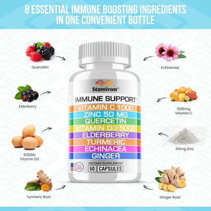 8 in 1 Immune Support with Quercetin Zinc 50mg Vitamin C 1000mg Vitamin D3 5000 IU and Elderberry Echinacea Ginger for Adults Kids - VIT D Supplement Veg Capsules - dailyvitalstore
