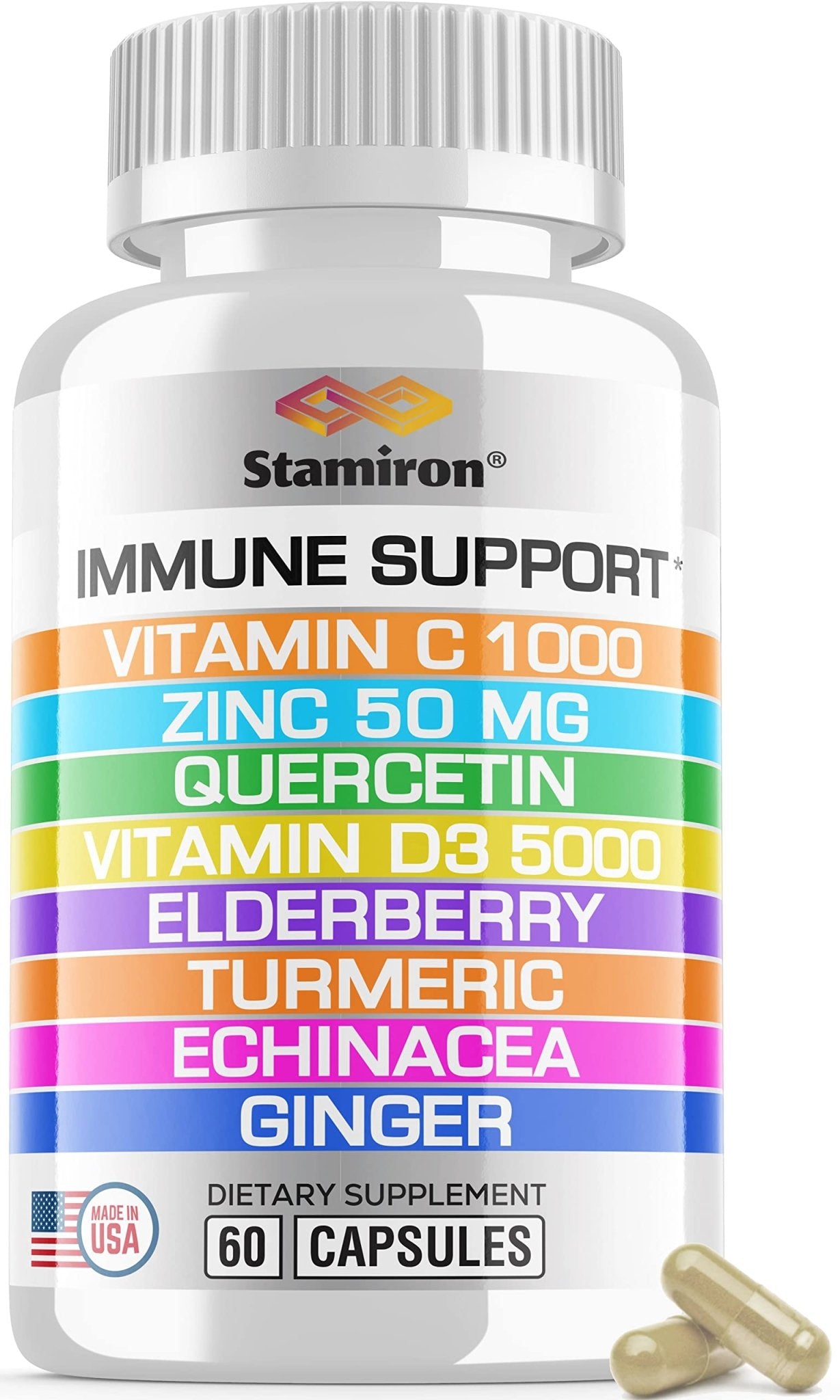 8 in 1 Immune Support with Quercetin Zinc 50mg Vitamin C 1000mg Vitamin D3 5000 IU and Elderberry Echinacea Ginger for Adults Kids - VIT D Supplement Veg Capsules - dailyvitalstore