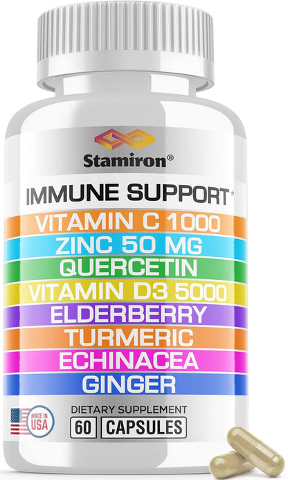 8 in 1 Immune Support with Quercetin Zinc 50mg Vitamin C 1000mg Vitamin D3 5000 IU and Elderberry Echinacea Ginger for Adults Kids - VIT D Supplement Veg Capsules - dailyvitalstore