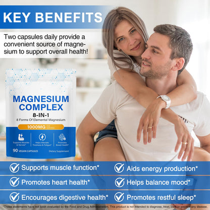 8-in-1 Magnesium Complex Supplement 90 Count, Magnesium Complex Capsules with Magnesium Glycinate, Citrate, Malate, Taurate, Easy Absorption for Sleep, Muscle Relaxation, Nerve & Heart Health, Energy - dailyvitalstore