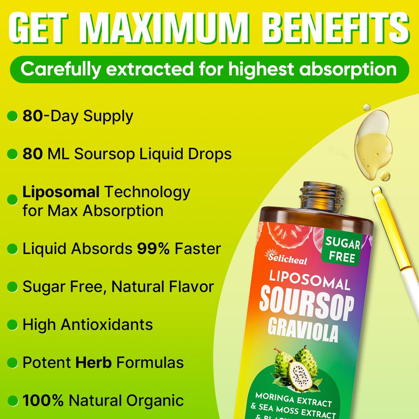 (80ML) Supplement Liquid Drops, 10 in 1 Soursop Multivitamin Drops with Leaf Extract & Sea Moss, for Cell Support & Regeneration, Immunity, Gut, Zzz, Skin & Antioxidant | 2.8 Fl Oz - 80 Days Supply - dailyvitalstore