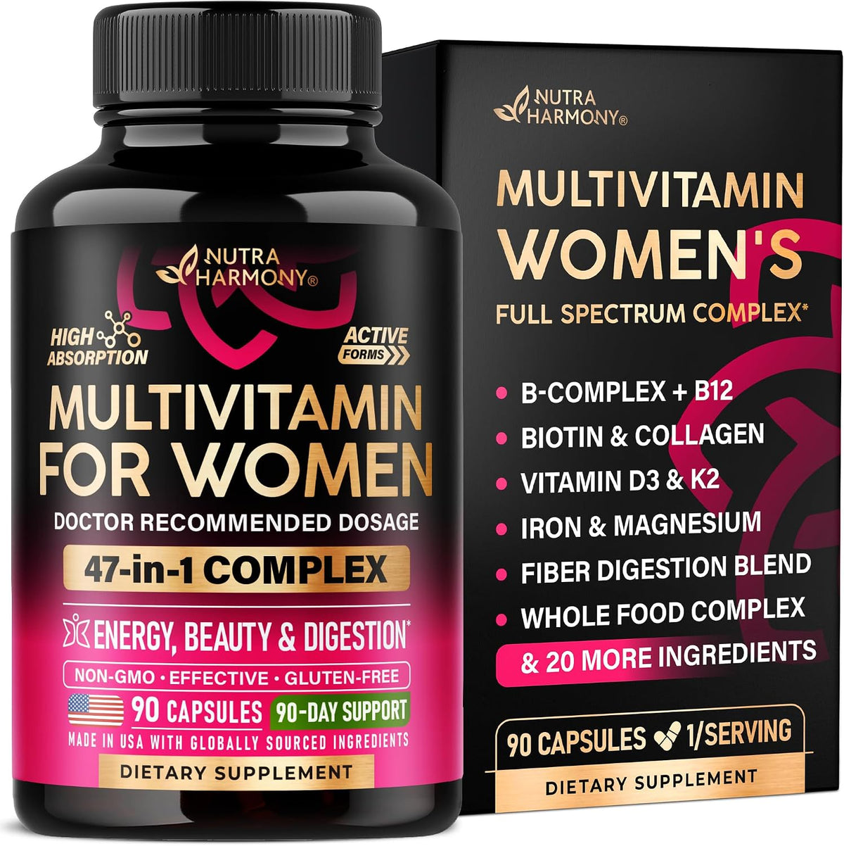 Multivitamin for Women - B-Complex | Whole Foods | Hair Growth Support | Digestion & Metabolism | Iron - 47in1 Womens Multivitamin - Bioavailable & Gentle on Stomach - 90 Capsules, 3 Month Supply