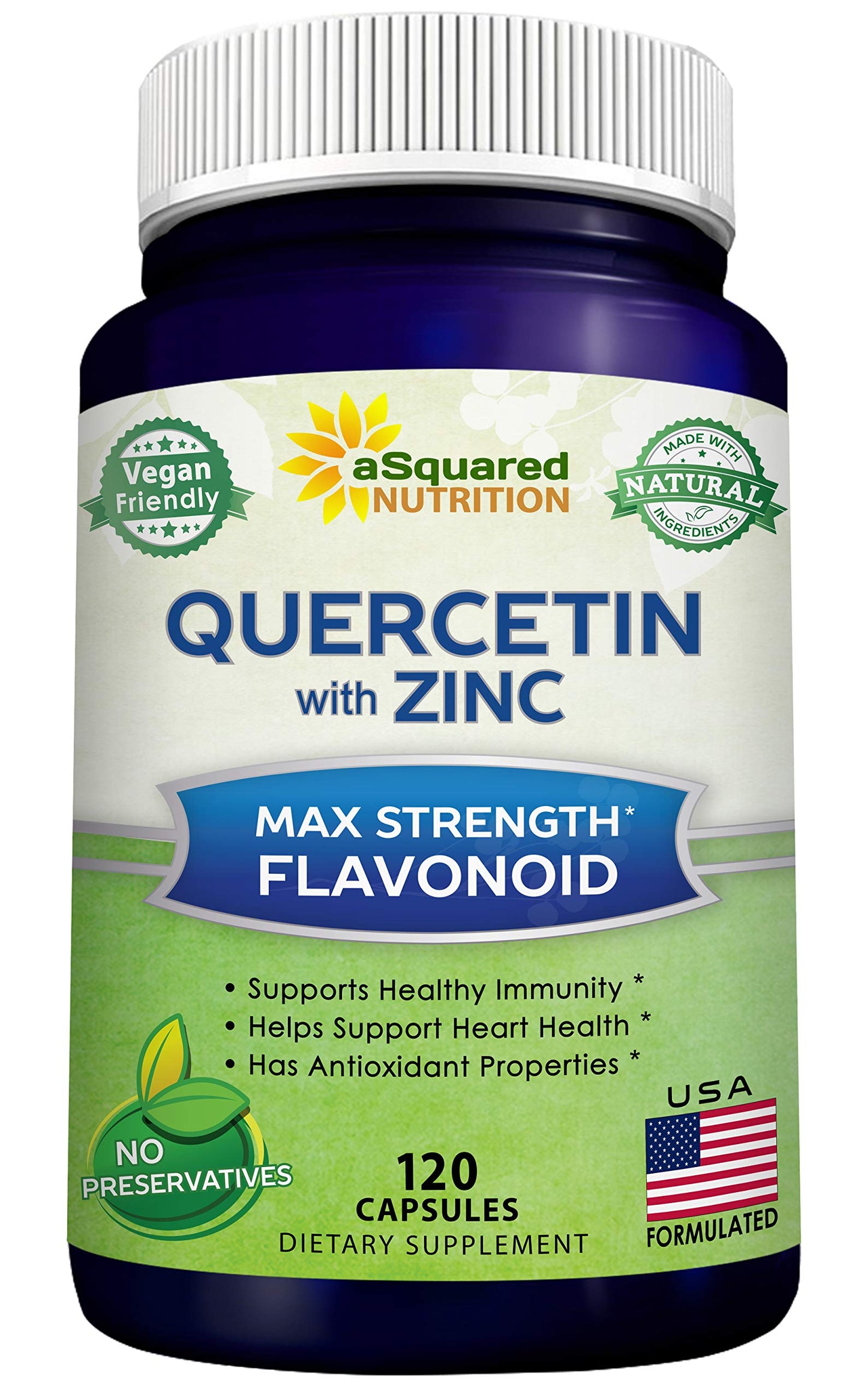 aSquared Nutrition Quercetin 1000mg with Zinc Supplement - 120 Capsules - Quercetin Dihydrate with Black Elderberry & Zinc - Max Strength Powder Complex