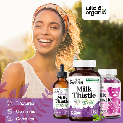 Wild & Organic Milk Thistle Capsules 1000mg - Liver Detox Supplements - Silymarin Milk Thistle Powder for Liver Cleanse - 90 Vegan Capsules - 45-Days Supply - No Fillers, Non-GMO