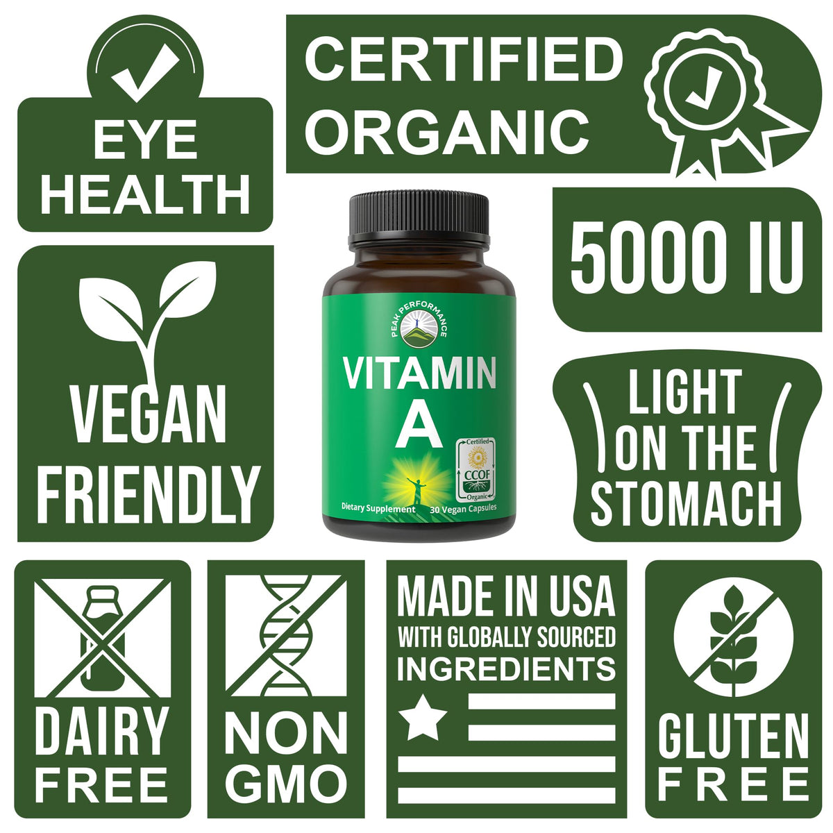 Certified Organic Vitamin A 5000 IU Supplement Capsules - High Potency Vitamins - for Adults, Men, Women, Kids - Made with Carrot Juice - Great for Immune, Skin, Eye Support - Non GMO, Vegan Pills