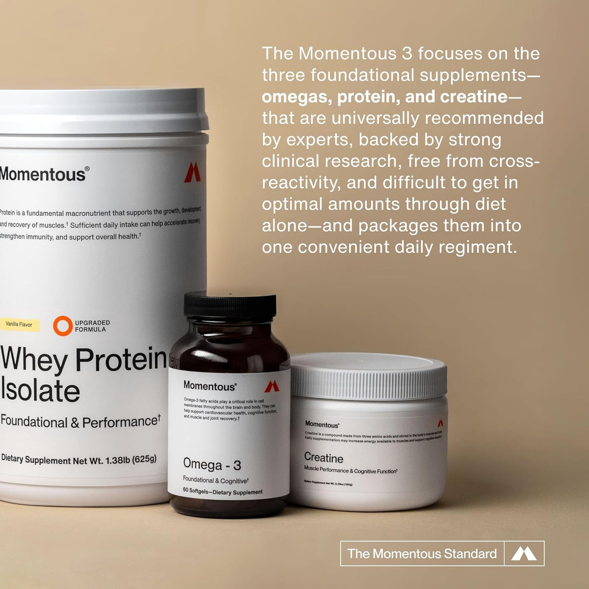 Momentous Three - Creatine Monohydrate Powder (90 Servings), Grass-Fed Whey Protein Powder (Vanilla) & Omega-3 Fish Oil 1600mg - Daily Essentials for Strength, Performance & Lean Muscle Recovery