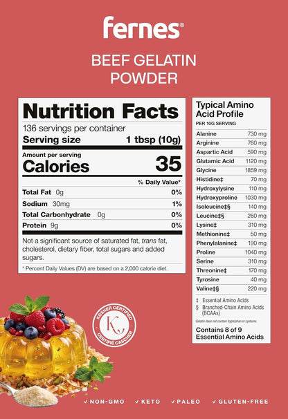 Fernes Beef Gelatin Powder (3 LB) Unflavored - Grass-Fed & Pasture-Raised, 225 Bloom Thickening Agent for Gummies, Marshmallows, Jellies, Desserts & Baking - Keto, Paleo, Non-GMO, Kosher, Gluten-Free