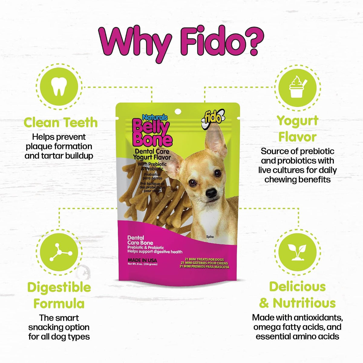 Fido Belly Bones for Dogs, Mini - 21 Count - Yogurt-Flavor Dental Treats for Small Dogs - Plaque & Tartar Control for Fresh Breath - Digestive Support - Made in USA