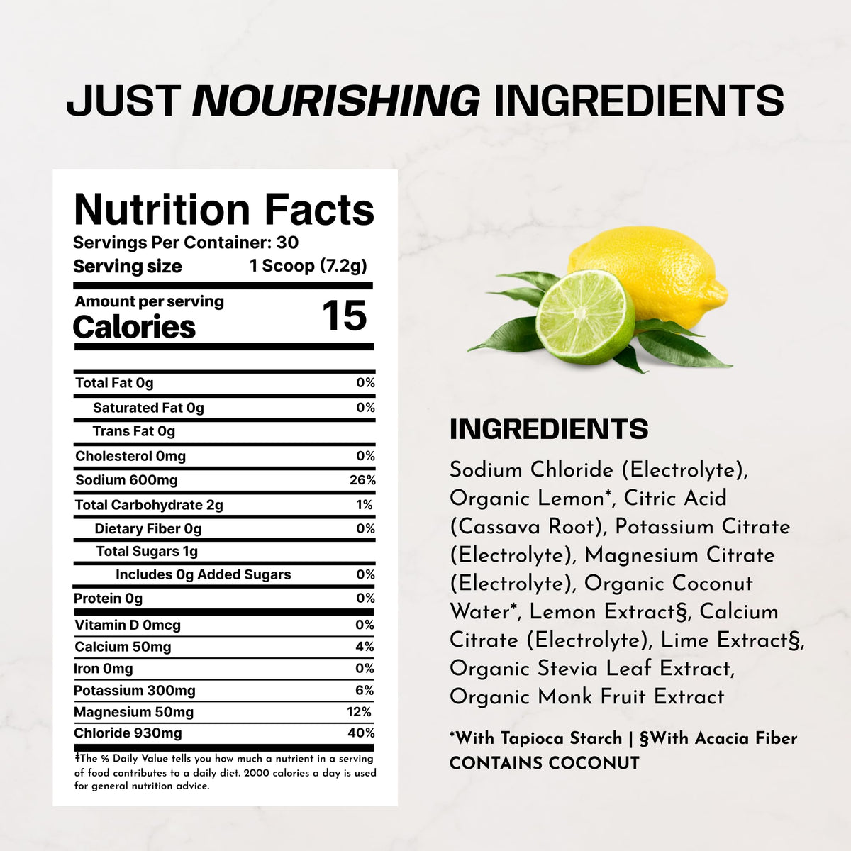 JUST INGREDIENTS Performance Electrolytes Powder Lemon Lime, 600mg Sodium with Organic Coconut Water, 30 Servings, Naturally Sweetened with Monk Fruit and Stevia, Flavored with Real Fruit, Non-GMO