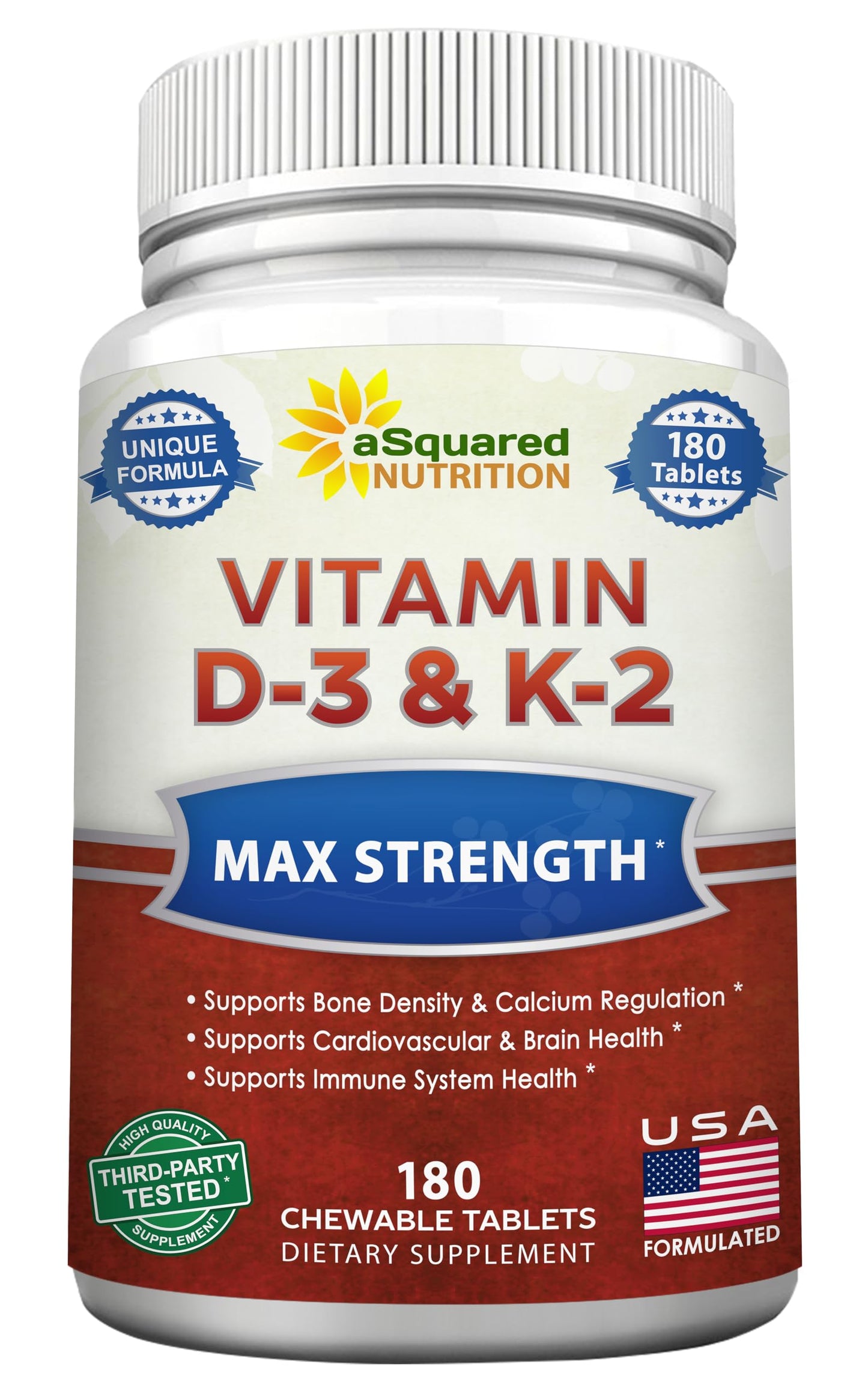 aSquared Nutrition Vitamin D3 with K2 Supplement-180 Chewable Tablets, Max Strength D-3 Cholecalciferol & K-2 MK7 to Support Healthy Bones, Teeth, Heart -Antioxidant D3