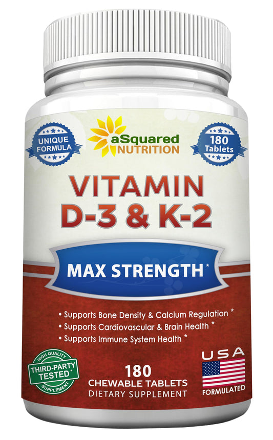 aSquared Nutrition Vitamin D3 with K2 Supplement-180 Chewable Tablets, Max Strength D-3 Cholecalciferol & K-2 MK7 to Support Healthy Bones, Teeth, Heart -Antioxidant D3