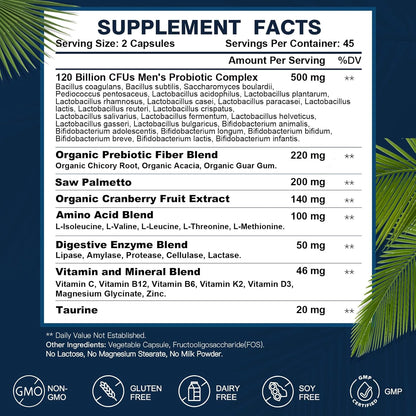 DRFOSTER Probiotics for Men Digestive Health, 120 Billion CFU, 90 Capsules | with Digestive Enzymes & Prebiotics & Saw Palmetto & Cranberry for Gut, Prostate & Urinary Tract Health, Shelf Stable