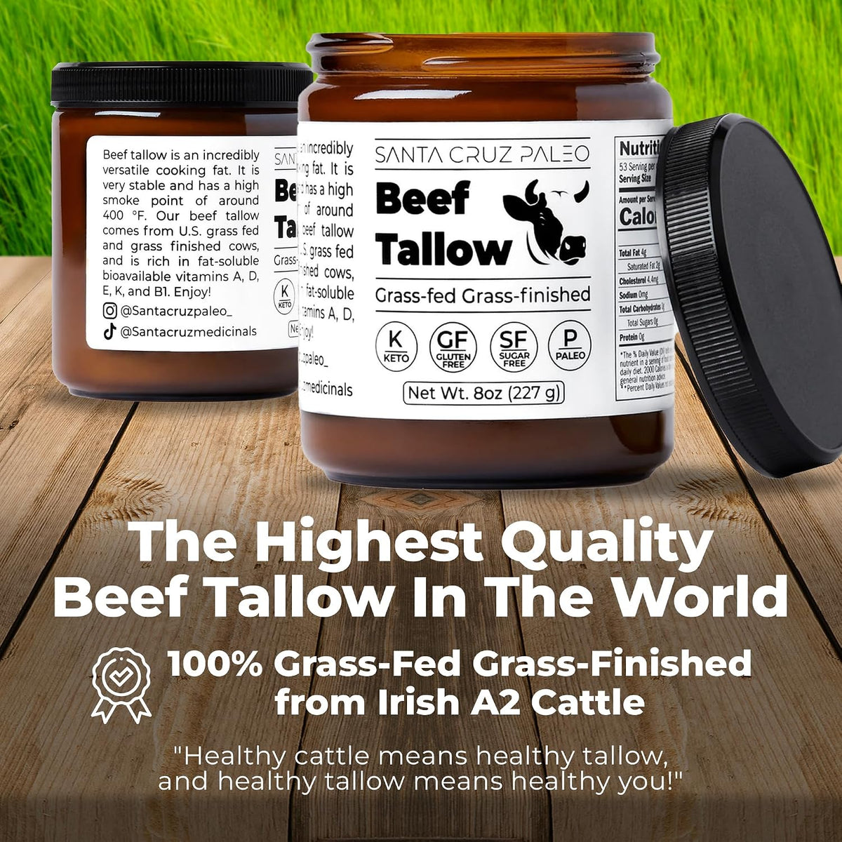 Santa Cruz Paleo Beef Tallow for Cooking, 100% Grass Fed and Finished, Gluten Free, Keto, Sugar Free, Paleo, With Vitamin D, E, K, B1, A, Fatty Acids, 8 Oz