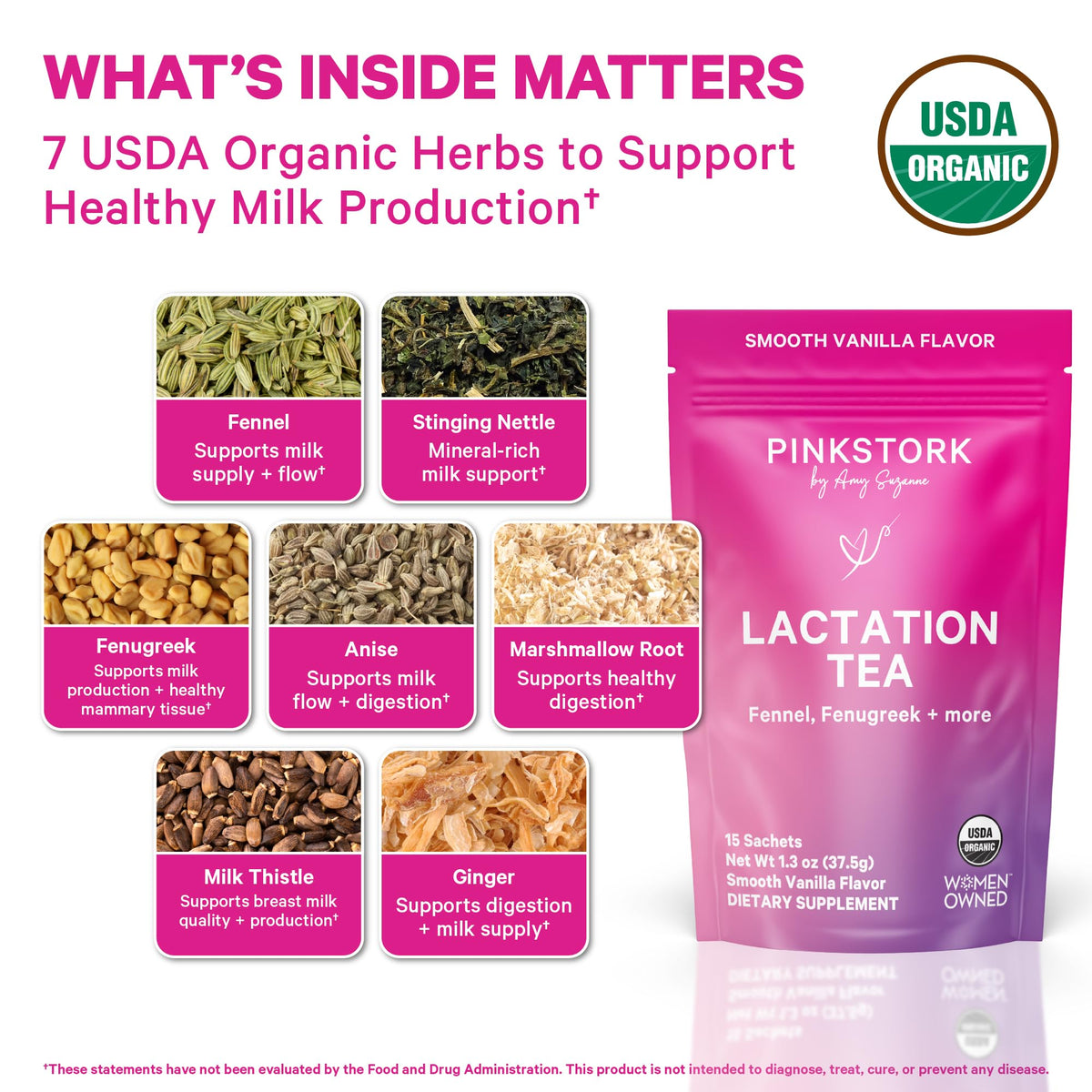Pink Stork Organic Lactation Tea – Fenugreek, Fennel, Milk Thistle + More – Support for Breastfeeding, Pumping, Hydration, Milk Flow – Smooth Vanilla – 15 Sachets, Caffeine-Free