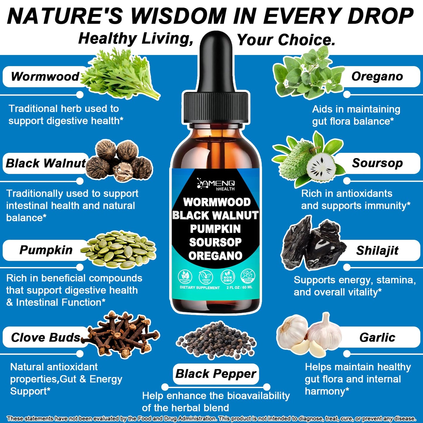 Wormwood Black Walnut Clove Cleanse for Humans Liquid Drops, Gut Cleanse & Digestive Supplement W/Clove, Oregano, Soursop & Pumpkin for Elimination Detox