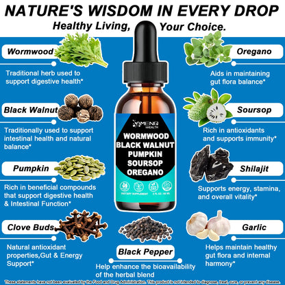 Wormwood Black Walnut Clove Cleanse for Humans Liquid Drops, Gut Cleanse & Digestive Supplement W/Clove, Oregano, Soursop & Pumpkin for Elimination Detox