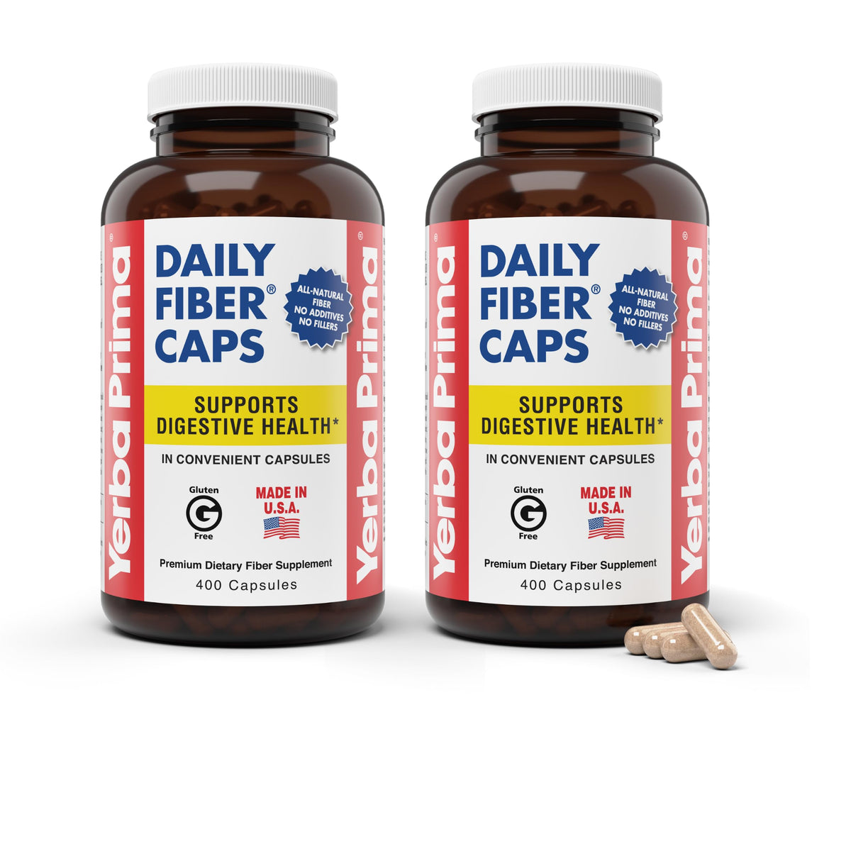 Yerba Prima Daily Fiber Caps Formula, 400 Capsules - Both Soluble and Insoluble - with Psyllium Seed Husks, Acacia Gum, Apple Fiber and More - Dietary Supplement