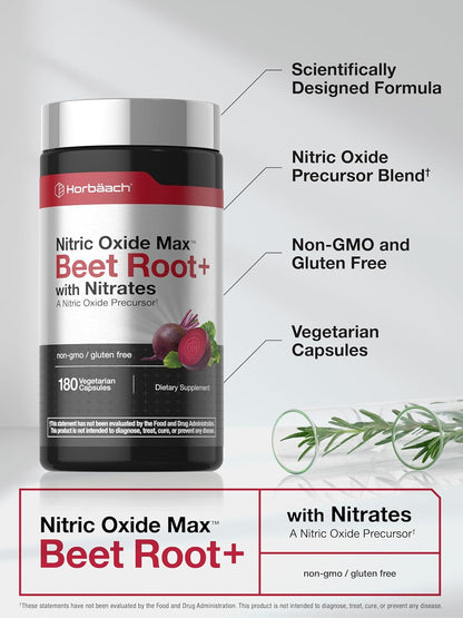 Horbäach Nitric Oxide Beet Root Capsules | 180 Count | with Nitrates and Precursor | For Men and Women | Vegetarian, Non-GMO, Gluten Free Supplement