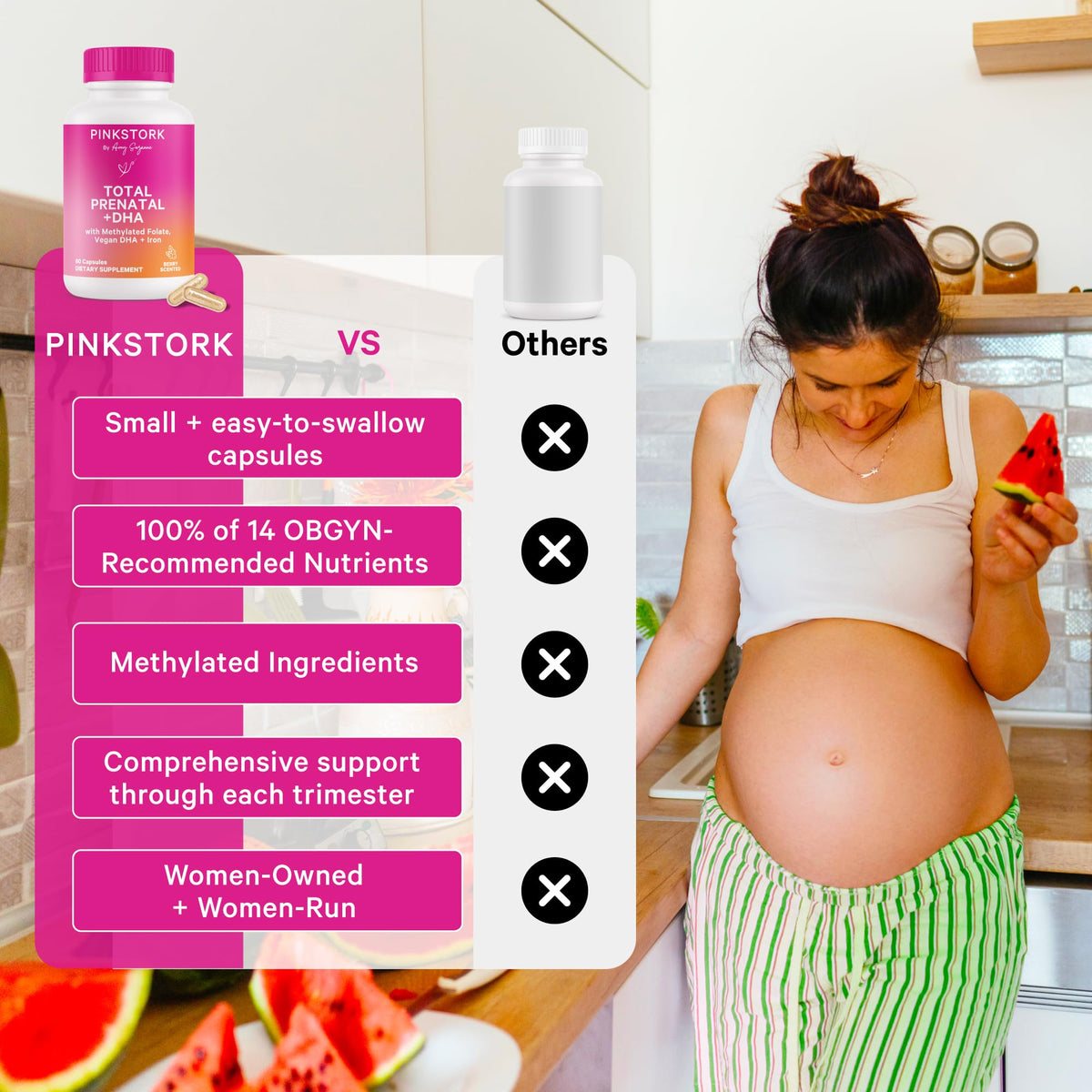 Pink Stork Total Prenatal Vitamins for Women, Clean Label, 60 Count, Mint | Vegan DHA, Methylfolate, Iron, Choline, Vitamin B12 - Preconception Nutrition - No Fishy Burps - Pregnancy Essentials
