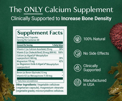 ALGAECAL Organic Red Algae Calcium Supplement for Bone Density, Vitamin K2 MK7 (100mg), Vitamin D3 (1600 IU), Magnesium (350mg) & Trace Minerals & Strength, Easy to Swallow, 120 Veggie Caps ALGAECALBuy Supplements Australia