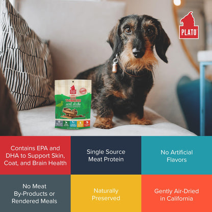 Plato Meat Sticks Salmon Dog Treats, Air-Dried High-Protein Soft Chews with Omega Fish Oil (EPA & DHA), 10 oz