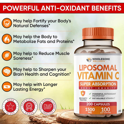 Wholesome Wellness Liposomal Vitamin C Capsules (200 Pills 1500mg Buffered) High Absorption VIT C + Whole Food Multivitamin for Women - Natural Multi Vitamins, Minerals, Organic Extracts Bundle