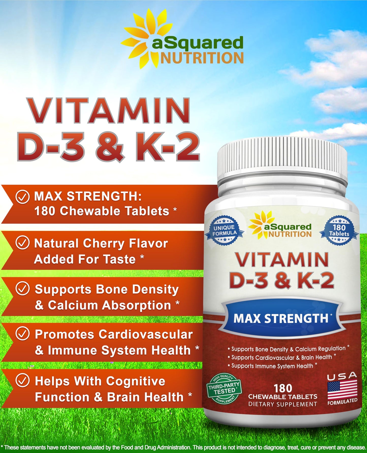 aSquared Nutrition Vitamin D3 with K2 Supplement-180 Chewable Tablets, Max Strength D-3 Cholecalciferol & K-2 MK7 to Support Healthy Bones, Teeth, Heart -Antioxidant D3