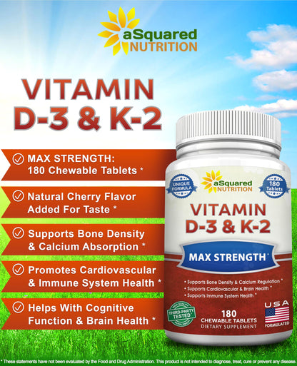 aSquared Nutrition Vitamin D3 with K2 Supplement-180 Chewable Tablets, Max Strength D-3 Cholecalciferol & K-2 MK7 to Support Healthy Bones, Teeth, Heart -Antioxidant D3