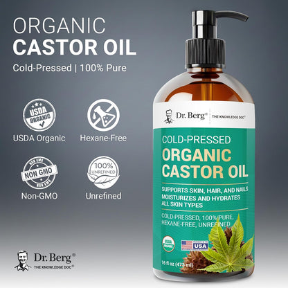 Dr. Berg Organic Castor Oil – 16 fl oz Cold-Pressed Oil – Pure, Unrefined, Single Ingredient – Sourced in India, Bottled in USA – Lab Tested, USDA Organic, Glass Bottle