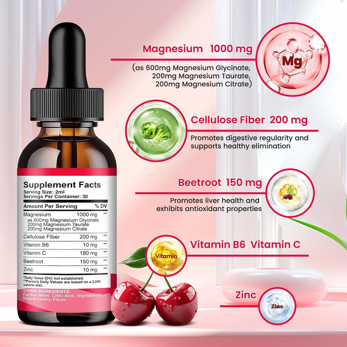 2 Pack Magnesium Glycinate Drops Strawberry & Cherry Flavor