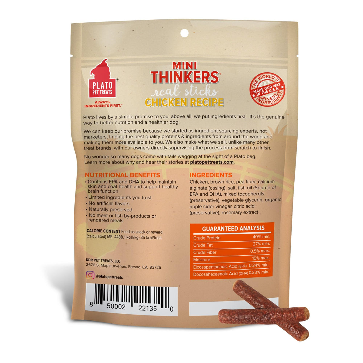 Plato Meat Sticks Salmon Dog Treats, Air-Dried High-Protein Soft Chews with Omega Fish Oil (EPA & DHA), 10 oz