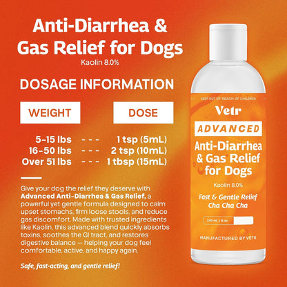 Vetr Anti-Diarrhea & Gas Relief for Dogs - Kaolin Liquid Formula for Fast Upset Stomach Soothing & Digestive Support - All Breeds & Sizes - 8 oz (240mL) - Vet-Formulated in USA
